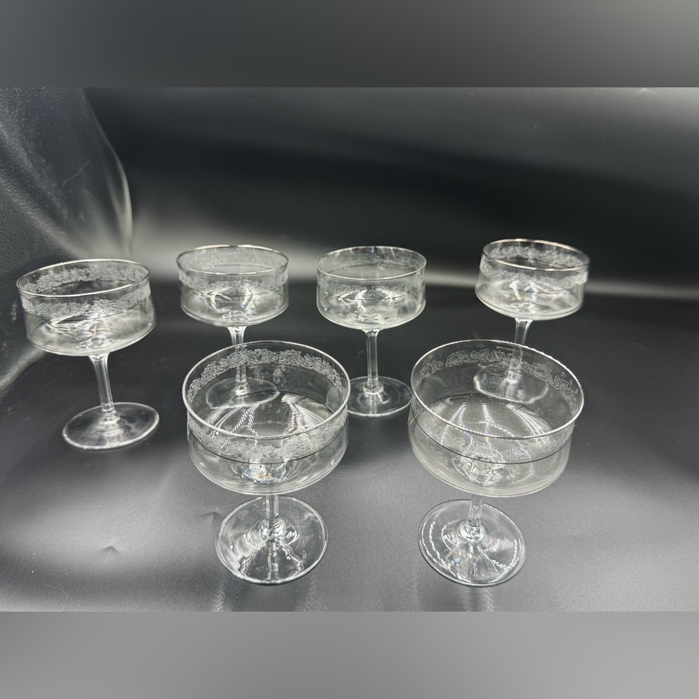 6 Lenox Moonspun 5" Champagne/Cordual/ Sherbet Glasses Etched w/Platinum Trim.